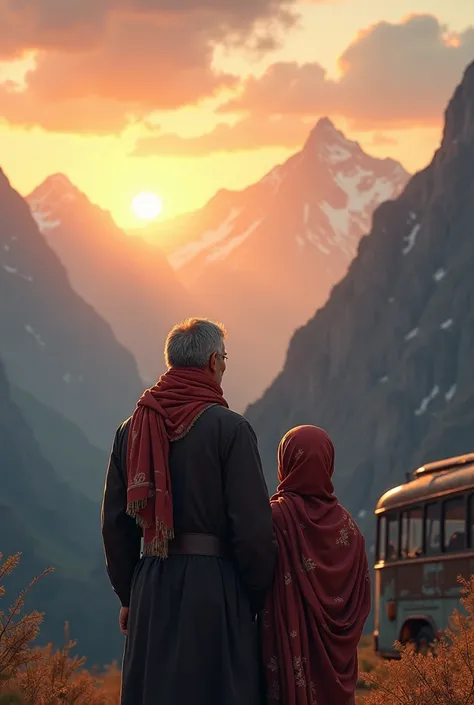 Father and 10 year old daughter wearing hijab, travel to the mountains, watching the sunset in front of the bus
