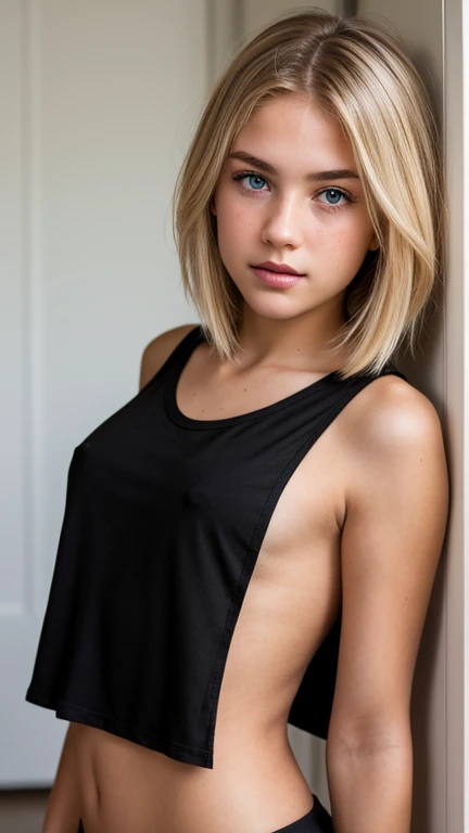 (realistic),18 yo blonde teen girl . Full lips. Eyes wide. Very short hair,  well-trained body, black t-shirt, sleeveless t-shirt, extremely detailed black top,