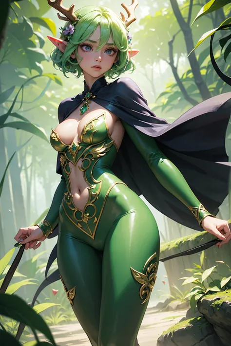 Jungle like environment. A lithe young Woman with a deep, green plant like skin tone and a B-cup-Bust. She short has leaf green curly hair & is wearing a form-fitting bodysuit with a deep neckline, exposing much of her chest area & slightly revealing mythi...