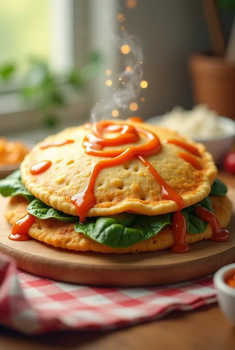 Round chicken crepe with spinach and chipotle chili sauce animated png