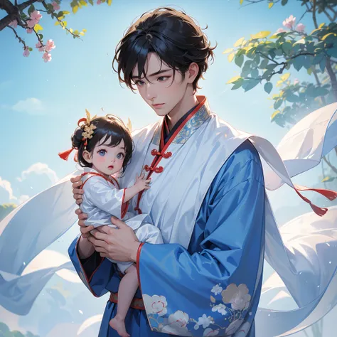 A one-year-old baby boy in an ancient Chinese baby costume with his beautiful mother, dressed in an white ancient Chinese costume, There are some floating clouds, playing with each other, with his handsome father standing next to his mother, close up.

Bac...