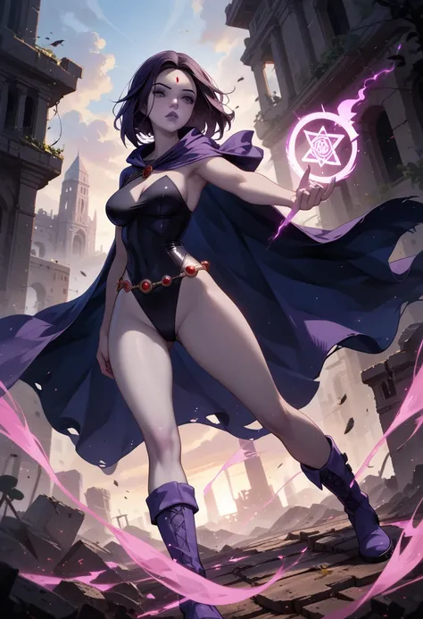 score_9, score_8_up, score_7_up, score_6_up, cinematic image, BREAK 1girl, (Raven, grey skin, bare legs, cape, leotard, boots:1.5), sexy woman, cleavage, BREAK (spells, pink energy, rune symbols:1.3), hovering above the ground, sorcerer poses, BREAK (dimly...