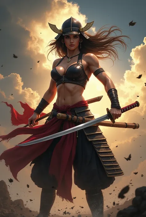 Woman samurai with  big breast, heavy muscle, naked big bosom, pink nipples, with  katana, more muscle, much muscular, wider shoulder, make her wet, heavy muscle arms, wearing samurai helmets, with full armor, hole body 