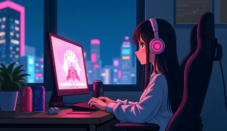 Perfect image, 8k, Energy Drinks、Sit in a gaming chair、Dimly lit room、A high school girl playing a rhythm game on a PC、cute、long hair、 Loungewear、Using headphones,、looks fun、Outside the window is a 2D-style anime of a cityscape, Lo-Fi、night、Retro、Anime sty...