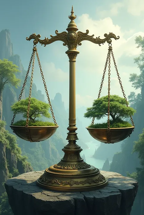 Image: A balanced image symbolizing the dual nature of globalization, like a balanced scale with economic growth on one side and environmental sustainability on the other.