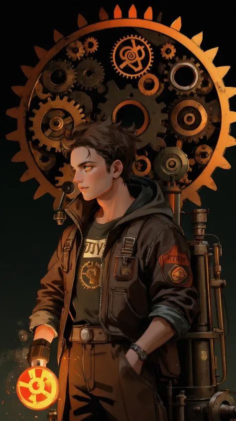 A rugged, steam-powered workshop with a brown, vintage aesthetic. In the center, a mechanical character with glowing eyes is tinkering with a large, rusty sign that says Permanent Temporary Fix. Around the workshop, floating Bitcoin symbols and gears are i...