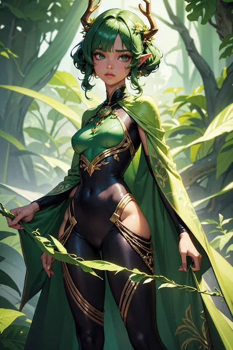 Jungle like environment. A young African-American Woman with a deep, rich brown skin tone. She short has leaf green curly hair & is wearing a form-fitting bodysuit with a deep neckline, exposing much of her chest area & slightly revealing mythic flowing Bl...