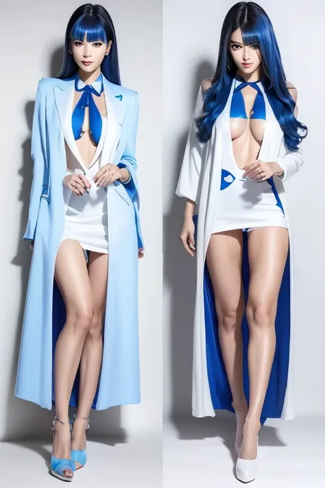 Long thin legs, Woman with sky blue hair is posing, Tight light blue suit, Well dressed, Elegant legs, Wearing white high heels，girl, Very beautiful long slim legs, Close up portrait of a woman in a blue suit with a red cloak, Capcom, As a Tekken character...