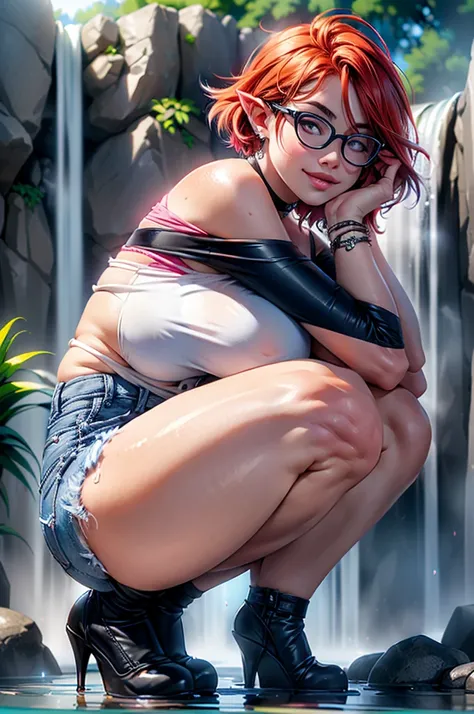 
(large breasts 1.4), beautiful elf woman, ((Short Red Hair: 1.6, straight with shine)), bright blue eyes, bright eyes, double eyelids, light effect on eyes, detailed irises, sexy, curvy body, glasses,(( off the shoulder black tee shirt no logo or words: 1...