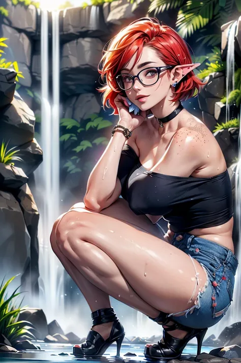 
(large breasts 1.4), beautiful elf woman, ((Short Red Hair: 1.6, straight with shine)), bright blue eyes, bright eyes, double eyelids, light effect on eyes, detailed irises, sexy, curvy body, glasses,(( off the shoulder black tee shirt no logo or words: 1...