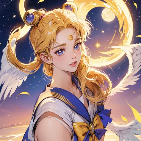 portrait of sailor moon Usagi Tsukino, wings, golden tone, moon, golden sparkle