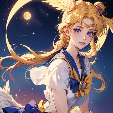 portrait of sailor moon Usagi Tsukino, wings, golden tone, moon, golden sparkle