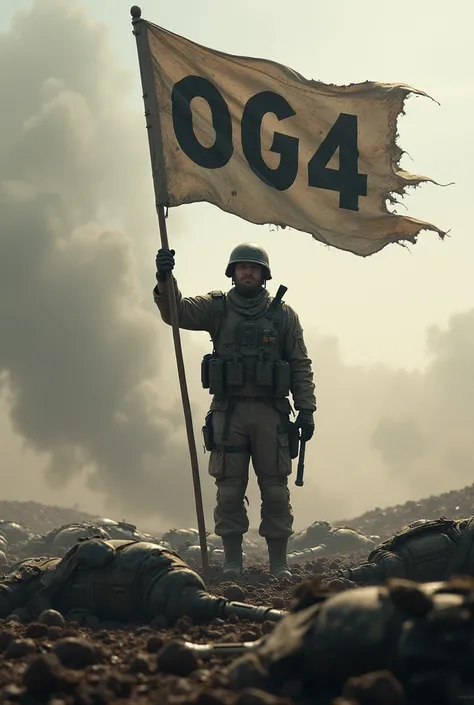 Soldier among corpses with flag written OG4