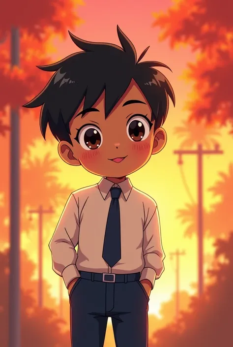 Happy shy anime boy ,dark skin colour, wearing formal shirt and pants and tie, background colour was Red and yellow mixed.