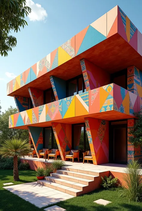 Two-story building inspired by Mamani Mamani art from Cochabamba with functional spatial organization and straight morphology , with wide stands outside with ramps for disabled people with green gardens