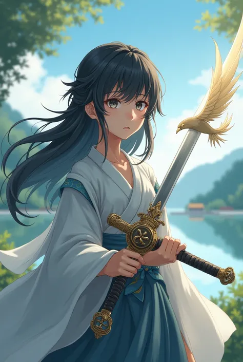  a girls hand holding a sword that looks like a phoenix bird
semi anime