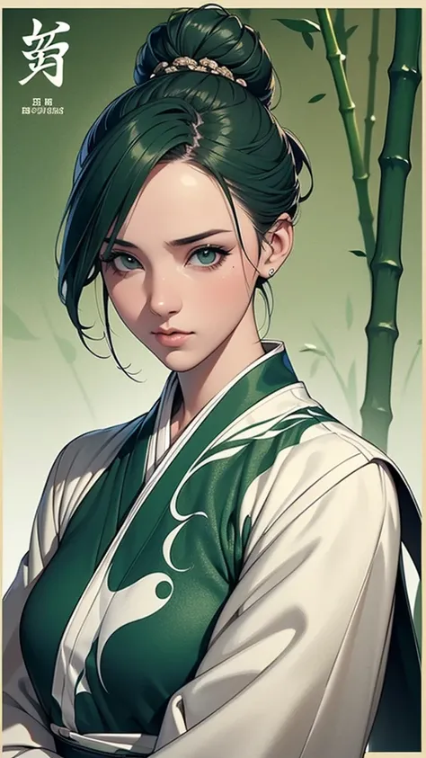 1 Girl, heroine, good looking, Splattered ink, Chinese Armor, dark green Hair, updo, Floating Hair, Delicate eyes, Antique black and green damask patterned Hanfu, vision, (F1.8), (masterpiece), (Portrait Shot), Front shot, bamboo forest Background, (Movie ...