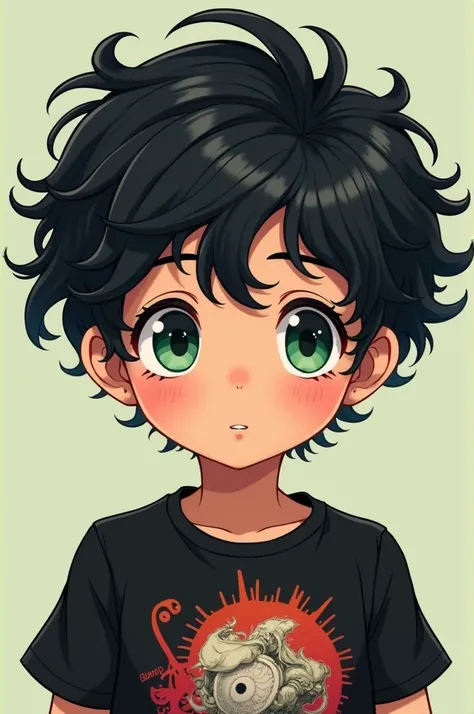 A boy with wheatish complexion green eyes curly wavy jet black shirt hair in black anime printed tshirt