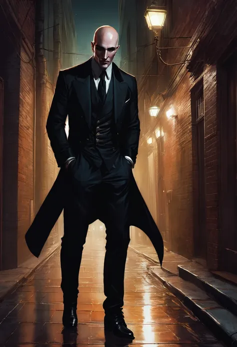 (good quality), (many details), (masterpiece), style of Charlie Bowater, vampire, man, broad shoulders, bald head, old suit, square chin, scar on lower lip, boots, in an alley at night