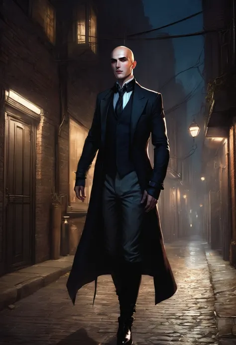 (good quality), (many details), (masterpiece), style of Charlie Bowater, vampire, man, broad shoulders, bald head, old suit, square chin, scar on lower lip, boots, in an alley at night