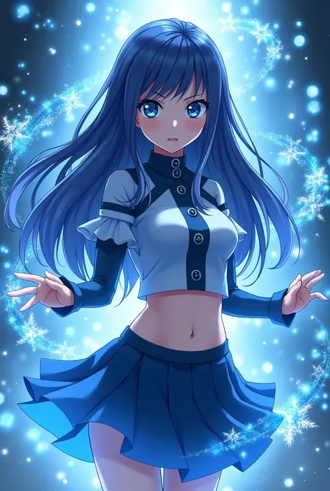 Long Dark blue hair, dark blue eyes , light black and blue crop shirt skirt anime girl fairy tail blue light user
