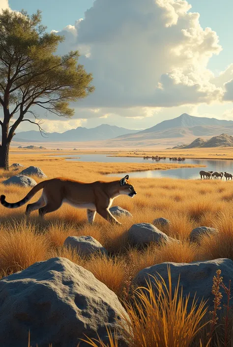 Patagonian steppe ecosystem where there is a puma, camuflado entre el pastureland, in an attack position that is observing a flock of sheep in the distance
, laguna, loose rocks, pastureland, a tree with few leaves, sun, some insects on a rock and a group ...