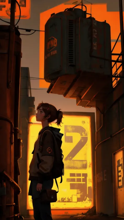 A determined young girl with a backpack full of tools, gazing up at a large, rusted sign that says "Permanent Temporary Fix" in glowing letters. The scene is set in an old, industrial area with a brownish hue, where the girl seems ready to tackle a challen...