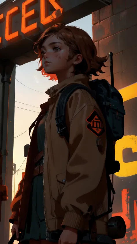 A determined young girl with a backpack full of tools, gazing up at a large, rusted sign that says "Permanent Temporary Fix" in glowing letters. The scene is set in an old, industrial area with a brownish hue, where the girl seems ready to tackle a challen...