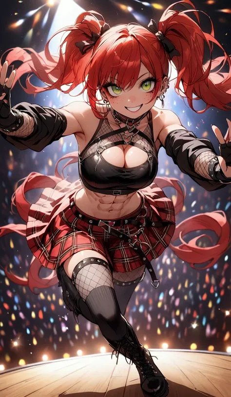 woman, grin, curly red hair in pig tails with ribbons, green eyes, black eyeshadow, wearing crop top black shirt, black jacket, red plaid skirt, black knee high boots, black fingerless gloves, exposed shoulders, large breasts, freckles, abs, cleavage, look...