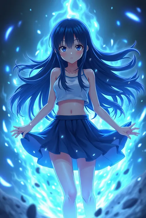 Long Dark blue hair, dark blue eyes , light black and blue crop shirt skirt anime girl fairy tail blue light user
