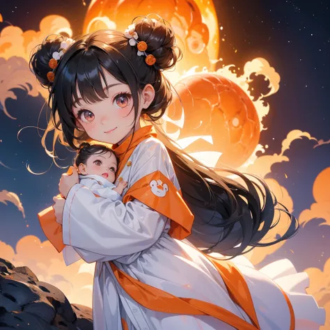 A chibi child girl had a small face and wearing a white little tourist priest’s outfit, a pair of big round eyes shone with curiosity about him. This child was so cute, her hair is black with buns on her hair. Small chibi , chibi baby, smiling , chibi. 

B...