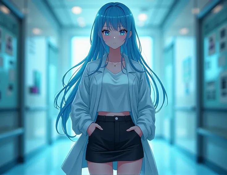 work of art, best qualityer, high qualiy, high resolution, 1 girl, standing alone, aqua (Konosuba), hair blue, long hair, blue colored eyes, white  shirt ,half open long lab coat, short black office skirt, thicc thighs, whole body, standing, hands in pocke...