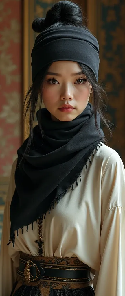 Victorian era superior egotistical sovereign fashionable asian female deadpan annoyance with asian eyelashes and black eye liner an attitude vengeance she adorn with loose shirt hip hop scarf balaclavas