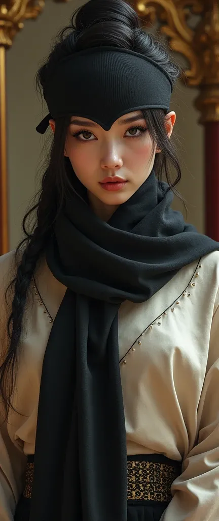 Victorian era superior egotistical sovereign fashionable asian female deadpan annoyance with asian eyelashes and black eye liner an attitude vengeance she adorn with loose shirt hip hop scarf balaclavas