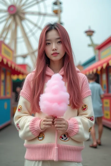 beautiful young Korean woman with smooth, clean white skin,rambut lurus berwarna maron pink,hoodie rajut pink cream dihiasi motif emoji,celana kulot cream,sandal boots,holding cotton candy,with the background of the playground behind the Ferris wheel, real...