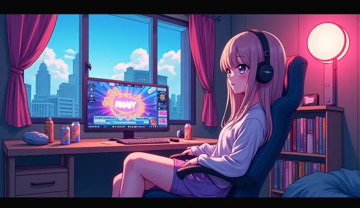 Perfect image, 8k, Energy Drinks、Sit in a gaming chair、Private room、A high school girl playing a rhythm game on a PC、cute、long hair、 Loungewear、Using headphones,、looks fun、City view outside the window、2D-style animation, Lo-Fi、Retro、Anime style illustratio...