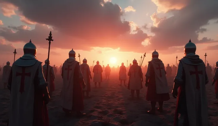 A highly realistic, high-contrast, 8K HD, detailed, hyper-detailed image of a medieval European battlefield at dawn, with Crusaders present but the focus is on the sky. The first light of the rising sun begins to break over the horizon, casting warm hues o...