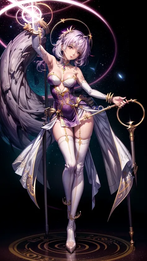 A beautiful mid 20s woman with a slender anime build, light lavender hair in a loose cascade, (inner thigh tattoo symbols:1.37), standing in a contrapposto stance with a light smile, wearing a purple wrap dress, front of skirt is hiked up, white lace stock...