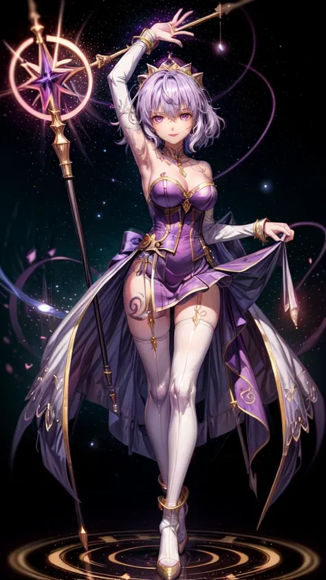 A beautiful mid 20s woman with a slender anime build, light lavender hair in a loose cascade, (inner thigh tattoo symbols:1.37), standing in a contrapposto stance with a light smile, wearing a purple wrap dress, front of skirt is hiked up, white lace stock...