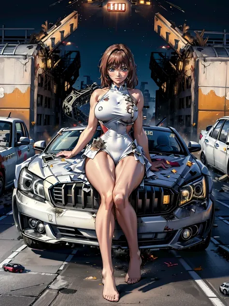 （Giant Elements、High resolution、High resolution、high quality、Accurate body structure、Detailed body）、(A woman receives a car:1.6)、(Destroyed cars:1.6))
