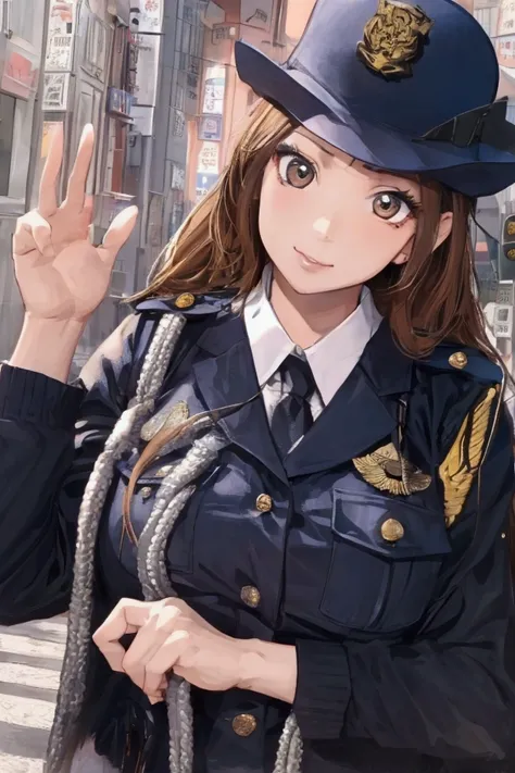 (ultra highres、ultra quality、Masterpiece、8k、5 fingers、),A girl with light  hair drawn in high resolution policewoman.japannse police woman、Young and cute 、Asian woman,s hot, Japanese Model, Cute Core,  , Chubby、wear a hat 、big breast、Town