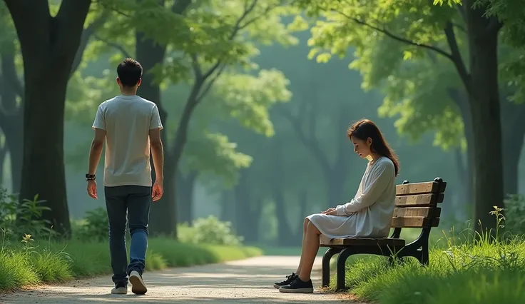 Woman sitting on bench thinking and bowing her head. Detail 4k. Man from front.