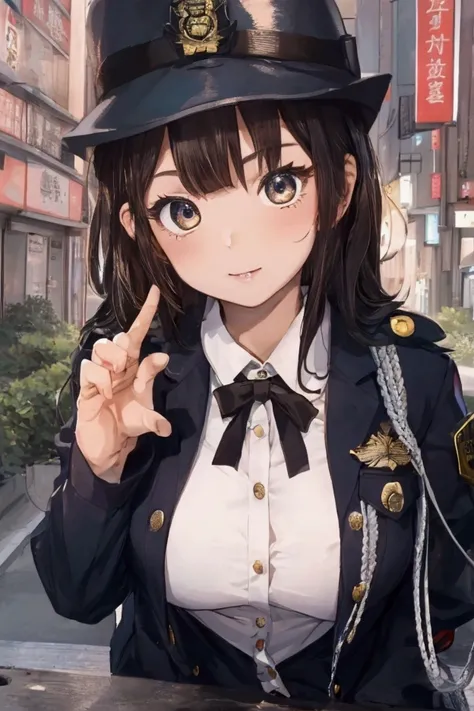 (ultra highres、ultra quality、Masterpiece、8k、5 fingers、),A girl with light  hair drawn in high resolution policewoman.japannse police woman、Young and cute 、Asian woman,s hot, Japanese Model, Cute Core,  , Chubby、wear a hat 、big breast、Town