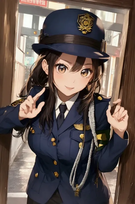 (ultra highres、ultra quality、Masterpiece、8k、5 fingers、),A girl with light  hair drawn in high resolution policewoman.japannse police woman、Young and cute 、Asian woman,s hot, Japanese Model, Cute Core,  , Chubby、wear a hat 、big breast、Town