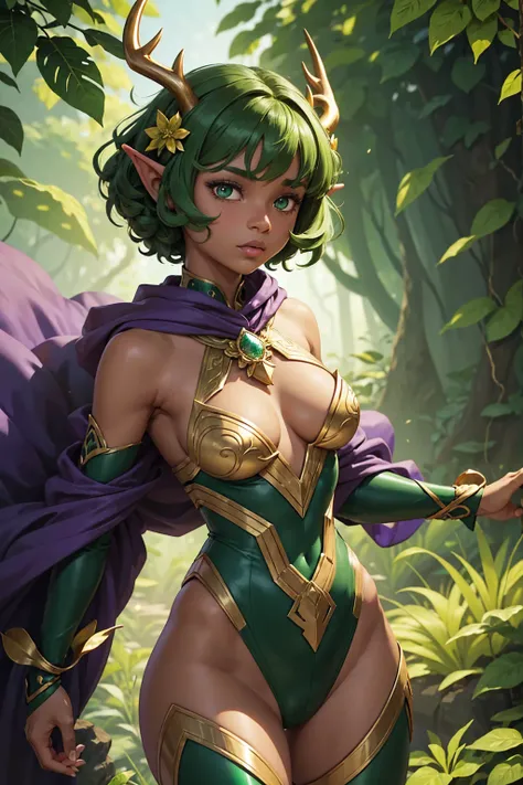 Jungle like environment. A young African-American Woman with a deep rich brown skin tone. She short has leaf green curly hair & is wearing a form-fitting bodysuit with a deep neckline, exposing much of her chest area & slightly revealing mythic flowing Bla...