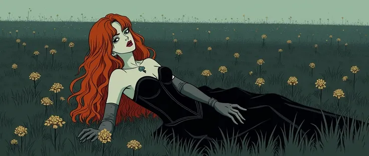 80s anime grainy de-saturated serious tone, a ginger pale goth regel queen, in one piece corset dress. leather gloves, charm lounging outside a dark darkfield, open field touching causing withering flowers manner hall