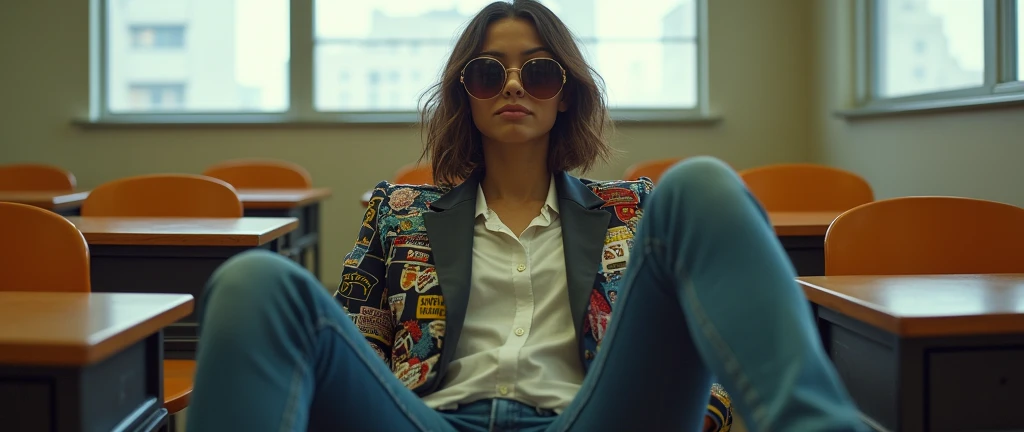 (16, sly, arrogant) sits at the back of the classroom. Her school blazer, part of the uniform, is customized with hip-hop motifs – patches, pins, and graffiti-like designs. Shes lounging casually on her chair, turned backwards, with her legs stretched out ...