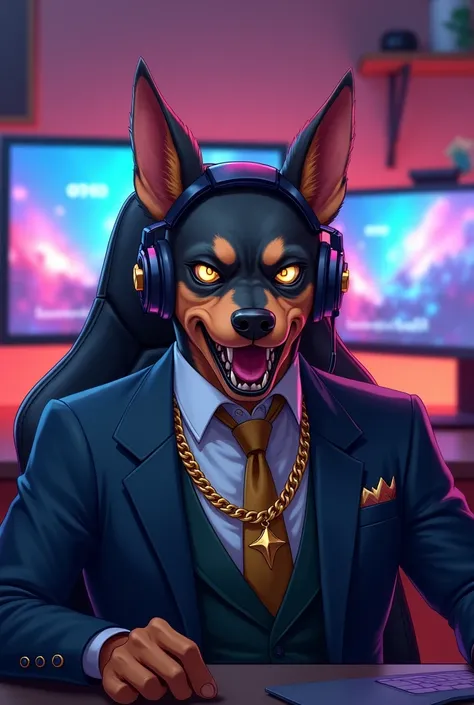 A angry anime dog Gamer with head phone   well dressed and  neck gold  change with name of WITH GAMING SET UP 
In backround mention 007ROCKY69  visible properly 