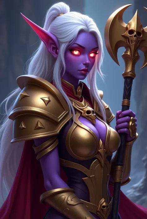 World of Warcraft Game Theme Image of a 32 year old white haired elf standing holding her favorite War Hammer,dark purple Skin,blood elf Paladin Wow, Long elf ears, glowing purple eyes, golden armor, Golden Pauldrons, Golden skull Pauldron, Gold and Red Ch...