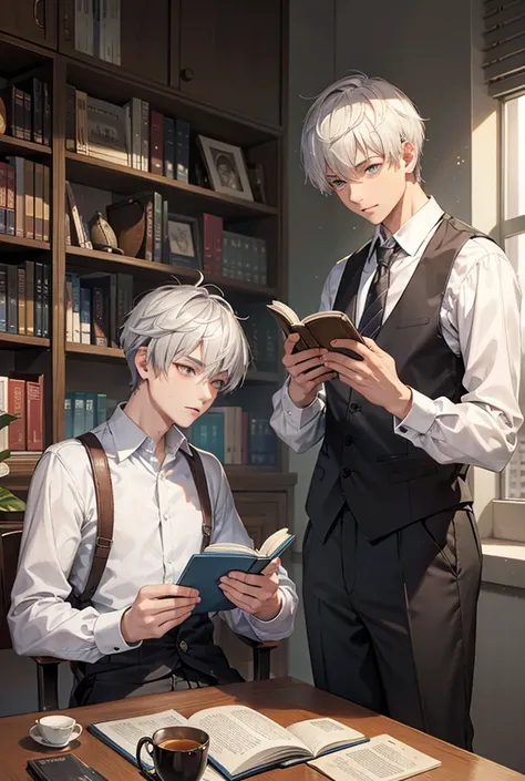 A man with short silver hair and slanted eyes is reading a book alone